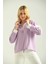 Lila Fermuarlı Basic Örme Renk Bloklu Ince Sweatshirt 3