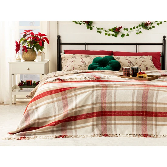 English Home Mackenzie Simli Pamuklu Çift Kişilik Battaniye 200 x 220 cm Bej – Kırmızı