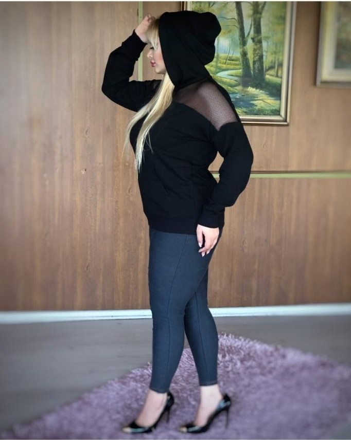ViolettaXL Kadın Siyah Büyük Beden Cepli Kapşonlu File Detay Likralı Iki Iplik Sweatshirt