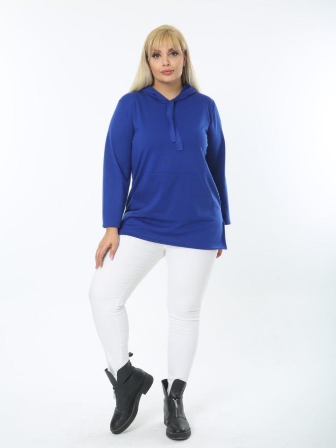 ViolettaXL Kadın Mavi Büyük Beden Kanguru Cep Kapşonlu Esnek Çelik Sweatshirt