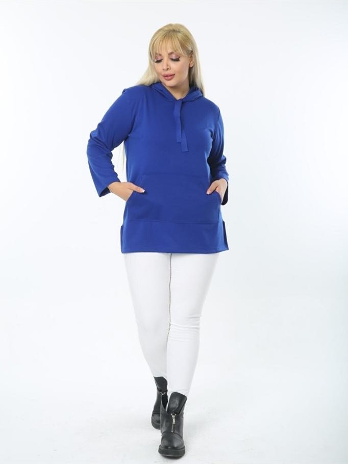 ViolettaXL Kadın Mavi Büyük Beden Kanguru Cep Kapşonlu Esnek Çelik Sweatshirt görsel 3