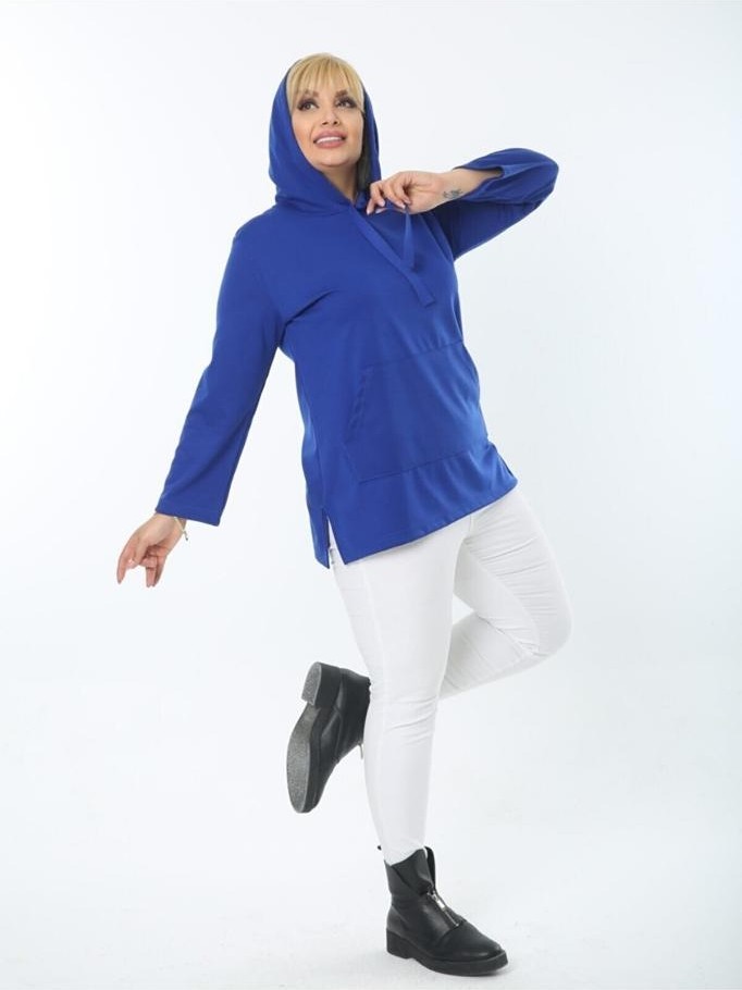 ViolettaXL Kadın Mavi Büyük Beden Kanguru Cep Kapşonlu Esnek Çelik Sweatshirt görsel 4