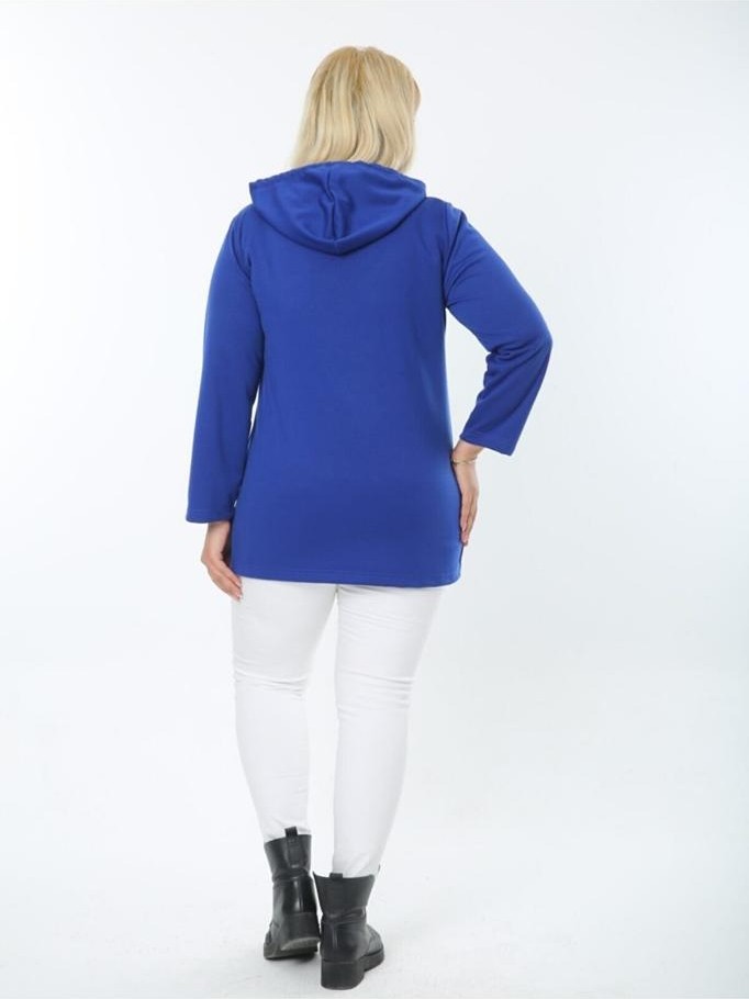ViolettaXL Kadın Mavi Büyük Beden Kanguru Cep Kapşonlu Esnek Çelik Sweatshirt görsel 5