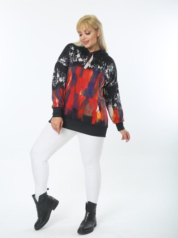 ViolettaXL Kadın Siyah Büyük Beden Kanguru Cep Kapşonlu Esnek Scuba Sweatshirt görsel 5