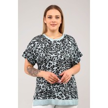 Sea Moda Leopar Desenyanları Yırtmaçlı Yağ Yıkama Kısa Kol Tshirt-Açık Yeşil