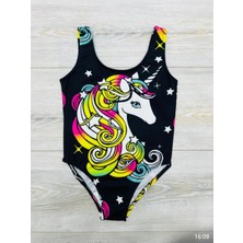 Podium Giyim Yeni Sezon Hızlı Kuruyan Unicorn Baskılı Kız Çocuk Siyah Mayo