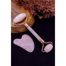 Pembe Kuvars Taşı Gua Sha ve Roller Seti (Yüz Cilt Masaj Aleti)