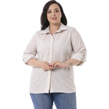 Disentis Modest Büyük Beden Katlamalı Kollu Robalı Geniş Manşetli Bej Çizgili Kadın Gömlek