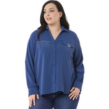 Disentis Modest Büyük Beden Süs Cep Kapaklı Taş ve Toka Detaylı Katlamalı Kollu Indigo Gömlek