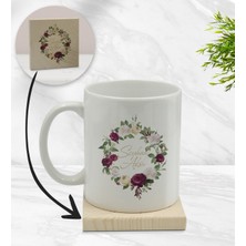 Bk Gift Kişiye Özel Çiçek Tasarımlı Beyaz Kupa Bardak ve Ahşap Bardak Altlığı Hediye Seti - Model 14