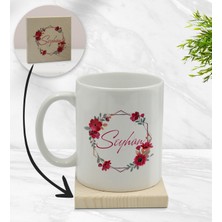Bk Gift Kişiye Özel Çiçek Tasarımlı Beyaz Kupa Bardak ve Ahşap Bardak Altlığı Hediye Seti - Model 27