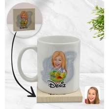 BK Kişiye Özel Kadın Diyetisyen Karikatürlü Beyaz Kupa Bardak ve Ahşap Bardak Altlığı Hediye Seti - Model 1