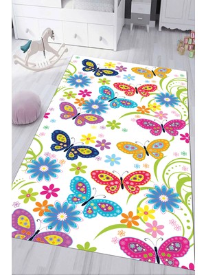 Napoli Home Dijital Baskılı Kaymaz Tabanlı Yıkanabilir Kelebekli Çocuk Odası Halısı NHÇ-HP-650