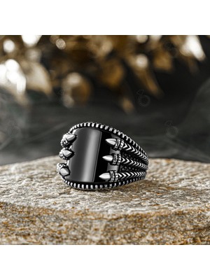 Modasilvers Gümüş Bombeli Siyah Oniks Taşlı Pençeli Erkek Yüzük