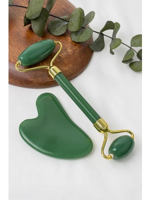 Aventurin Taşı Gua Sha ve Roller Seti (Yüz Cilt Masaj Aleti)