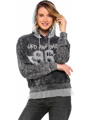 WL207 Taşlı Kapşonlu Tül Detaylı Bayan Sweatshirt