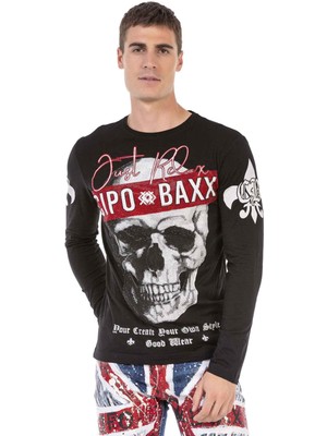 Cipo & Baxx CL454 Taşlı Kurukafa Ince Siyah Sweatshirt