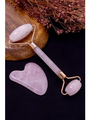 Pembe Kuvars Taşı Gua Sha ve Roller Seti (Yüz Cilt Masaj Aleti)