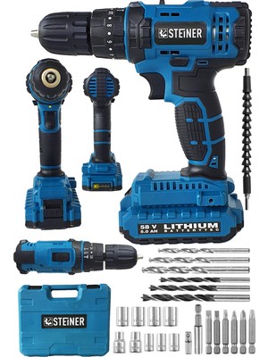Steiner Alman 58 V 5 Ah Darbeli Lityum Çift Akülü Sjs Metal Şanzıman Şarjlı Vidalama Matkap 24 Pcs Set