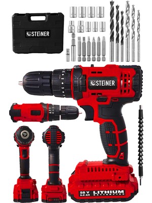 Steiner Alman 58 V 5 Ah Darbeli Çift Akülü Metal Şanzuman Bakır Sargı Şarzlı Vidalama Matkap 24 Parça Set
