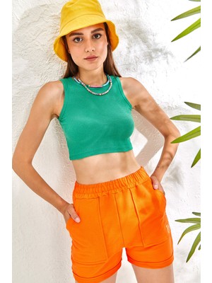 Oshebu Kadın Sıfır Kol Kaşkorse Crop Bluz