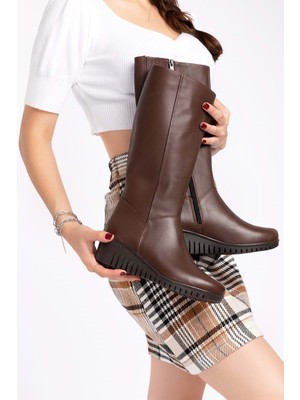 Gondol Hakiki Deri Sıcak Iç Astar Dolgu Taban Çızme-Gndl.2007 - Kahverengi - 38