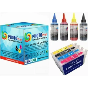 Photo Print Epson Stylus Sx110 T0711-T0714 Muadil Kolay Dolan Kartuş + 4 x100 ml Renk Mürekkep Seti