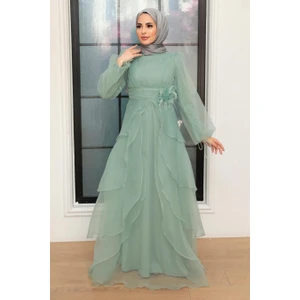 Neva Style Tesettürlü Abiye Elbise Kat Kat Mint Tesettür Abiye Elbise 22480MINT
