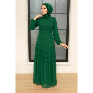 Neva Style Piliseli Yeşil Tesettür Elbise 5712Y