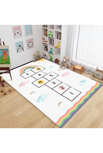 Karnaval Suluboya Gökkuşağı ve Seksek Çocuk Odası Eğitici Oyun Halısı 50 x 80 cm