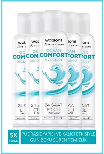 Watsons Ocean Comfort 24 Saat Etkili Pudrasız Deodorant Sprey 150 ml x 5