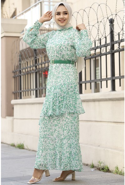 Stilife Kat Katlı Fırfırlı Kemerli Şifon Elbise-Benetton Yeşili
