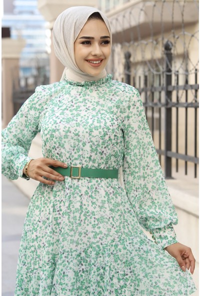 Stilife Kat Katlı Fırfırlı Kemerli Şifon Elbise-Benetton Yeşili
