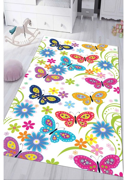 Dijital Baskılı Kaymaz Tabanlı Yıkanabilir Kelebekli Çocuk Odası Halısı NHÇ-HP-650