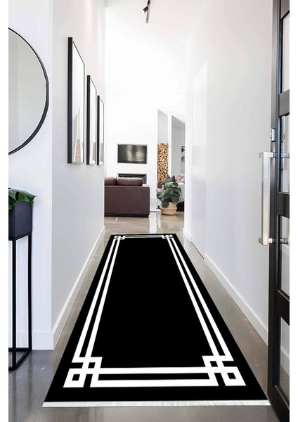 Dijital Baskılı Kaymaz Taban Yıkanabilir Beyaz Çerçeveli Siyah Koridor Halısı Yolluk NHU-HS-518