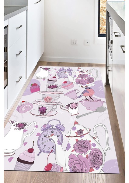 Dijital Baskılı Kaymaz Taban Yıkanabilir Fincan Desenli Mutfak Halısı NHM-HT-1104
