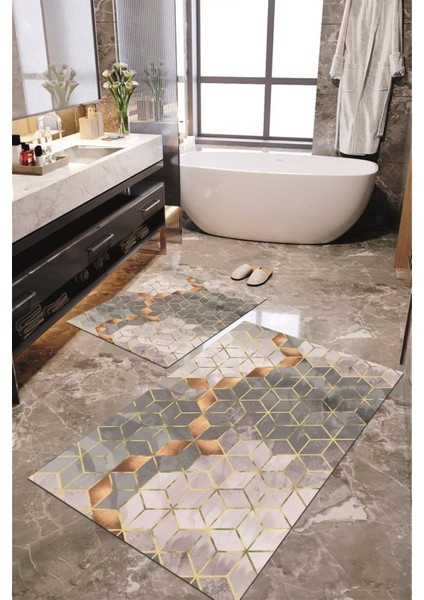 Dijital Baskılı Kaymaz Taban Yıkanabilir 2'li Banyo Paspası Halı Takımı NH-KLZT-HY-1122