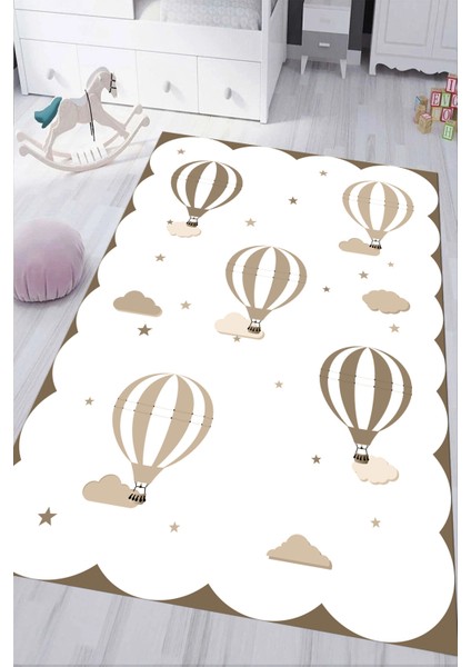 Dijital Baskılı Kaymaz Tabanlı Yıkanabilir Uçan Balonlu Çocuk Odası Halısı NHÇ-HT-1122