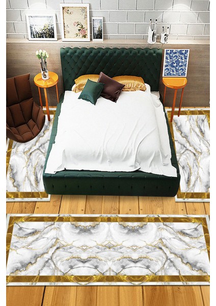 Dijital Baskılı Kaymaz Taban Yıkanabilir Mermer Desenli 3'lü Yatak Odası Takım Halısı Nhyo-Sd-2