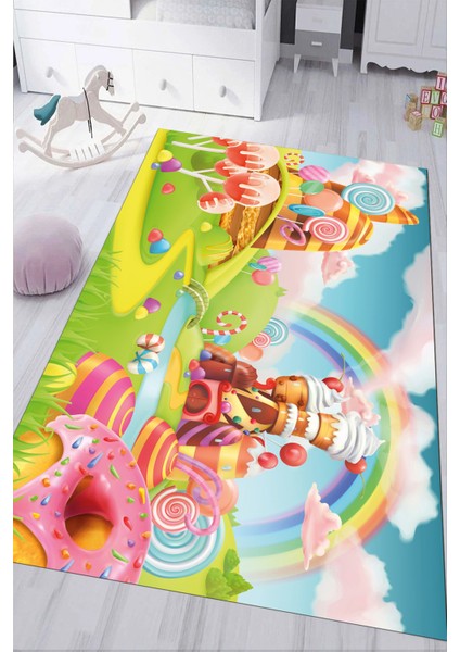 Dijital Baskılı Kaymaz Tabanlı Yıkanabilir Gökkuşağı Baskılı Çocuk Odası Halısı NHÇ-HP-729