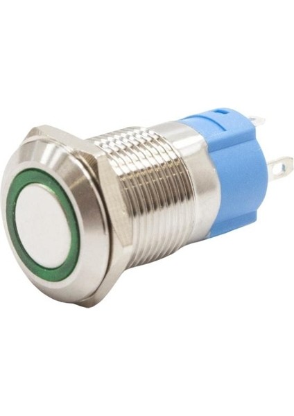 12A-P1-E 12MM Düz Yaylı Işıklı Metal Buton - Yeşil