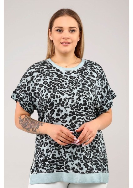 Leopar Desenyanları Yırtmaçlı Yağ Yıkama Kısa Kol Tshirt-Açık Yeşil