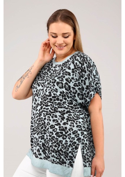 Leopar Desenyanları Yırtmaçlı Yağ Yıkama Kısa Kol Tshirt-Açık Yeşil