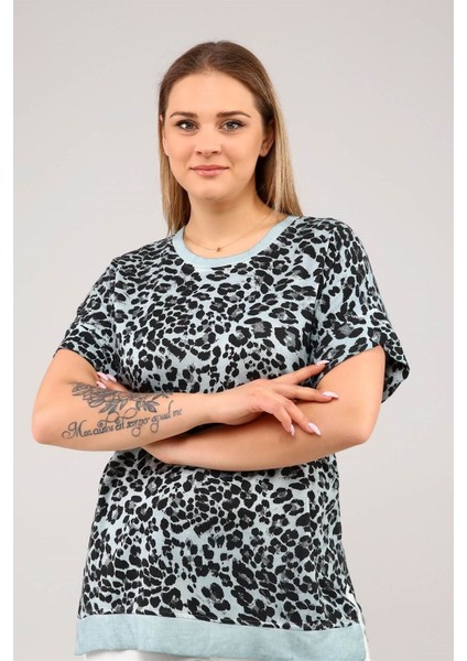 Leopar Desenyanları Yırtmaçlı Yağ Yıkama Kısa Kol Tshirt-Açık Yeşil