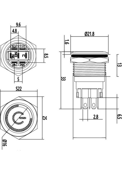 19A-P1Z-EC 19MM Düz Anahtarlı Işıklı Power Metal Buton - Mavi