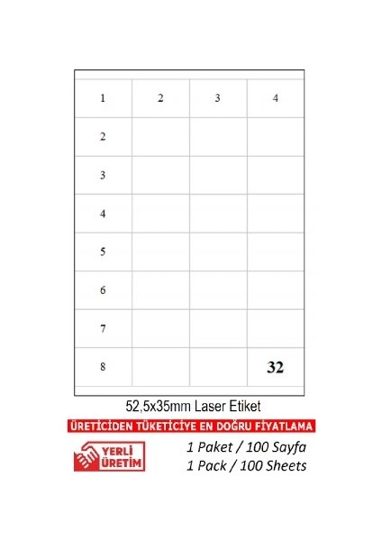 A1-2032 Ebat 52 x 35 mm Lazer Etiket A4 Sayfada 32 Etiket