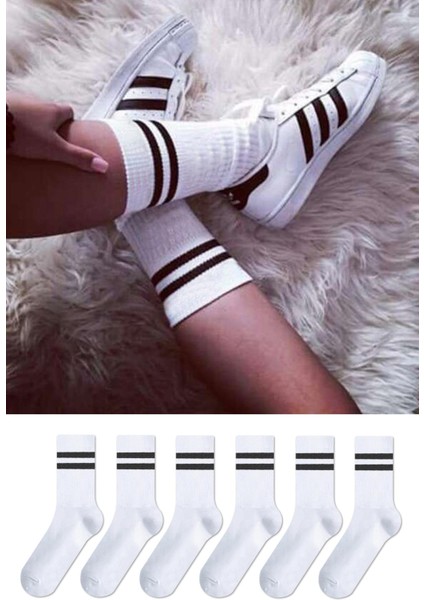 6'lı Çember Desenli Unisex Beyaz Uzun Tenis Çorap Seti