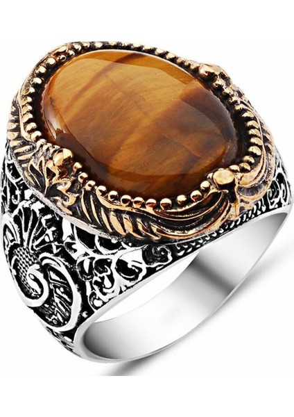 925 Ayar Gümüş Vav İşlemeli Kaplan Gözü Taşlı Erkek Yüzük