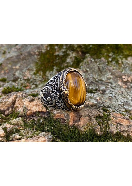 925 Ayar Gümüş Vav İşlemeli Kaplan Gözü Taşlı Erkek Yüzük fiyatları