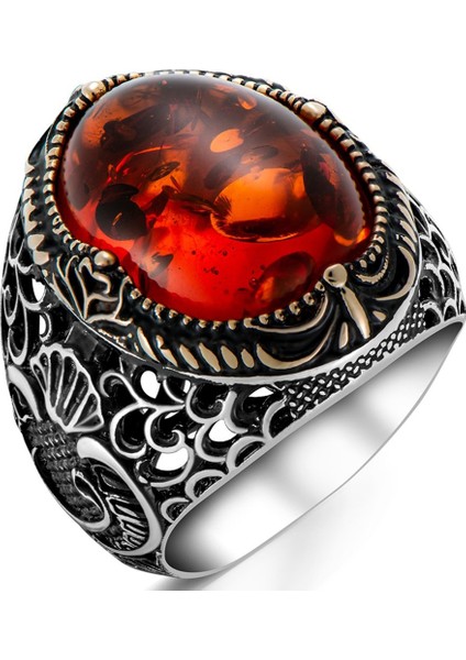 925 Ayar Gümüş Baltık Kehribar Taşlı Erkek Yüzük